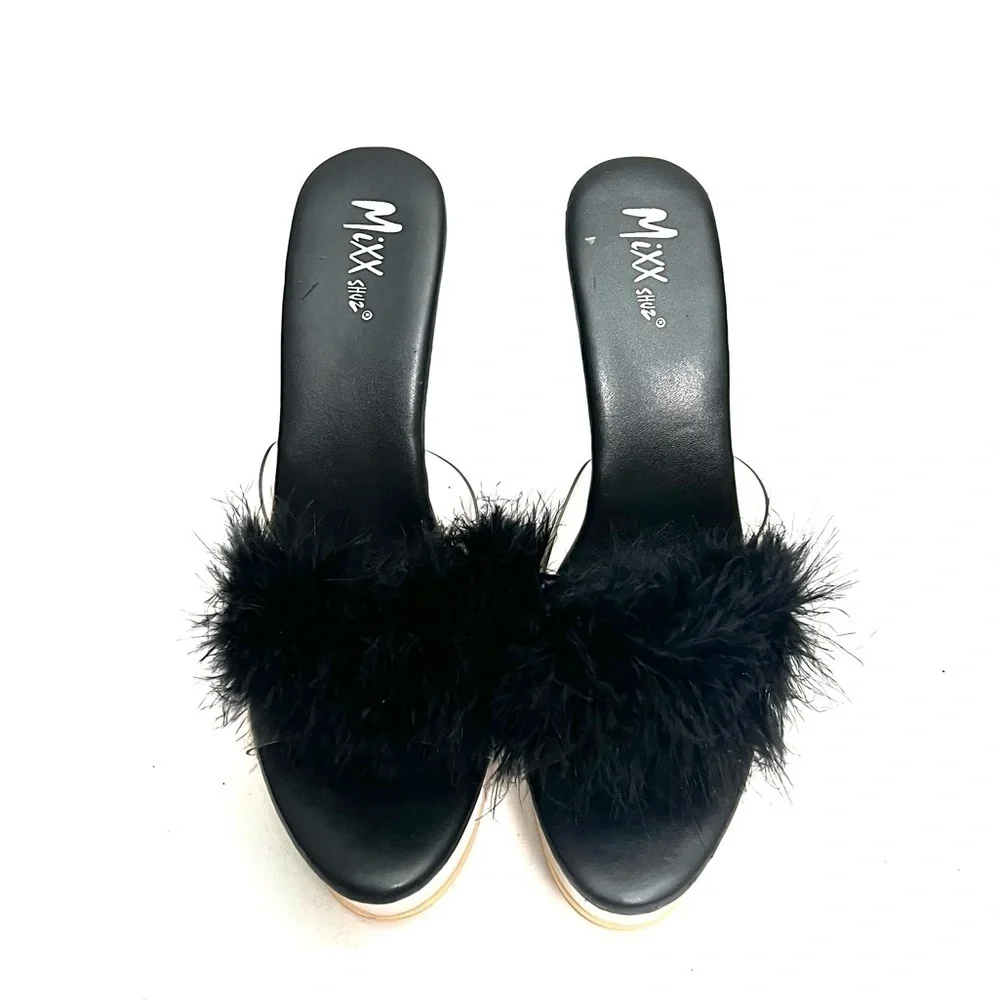 Vintage 1990s black marabou feather see thru plastic platform stripper heels